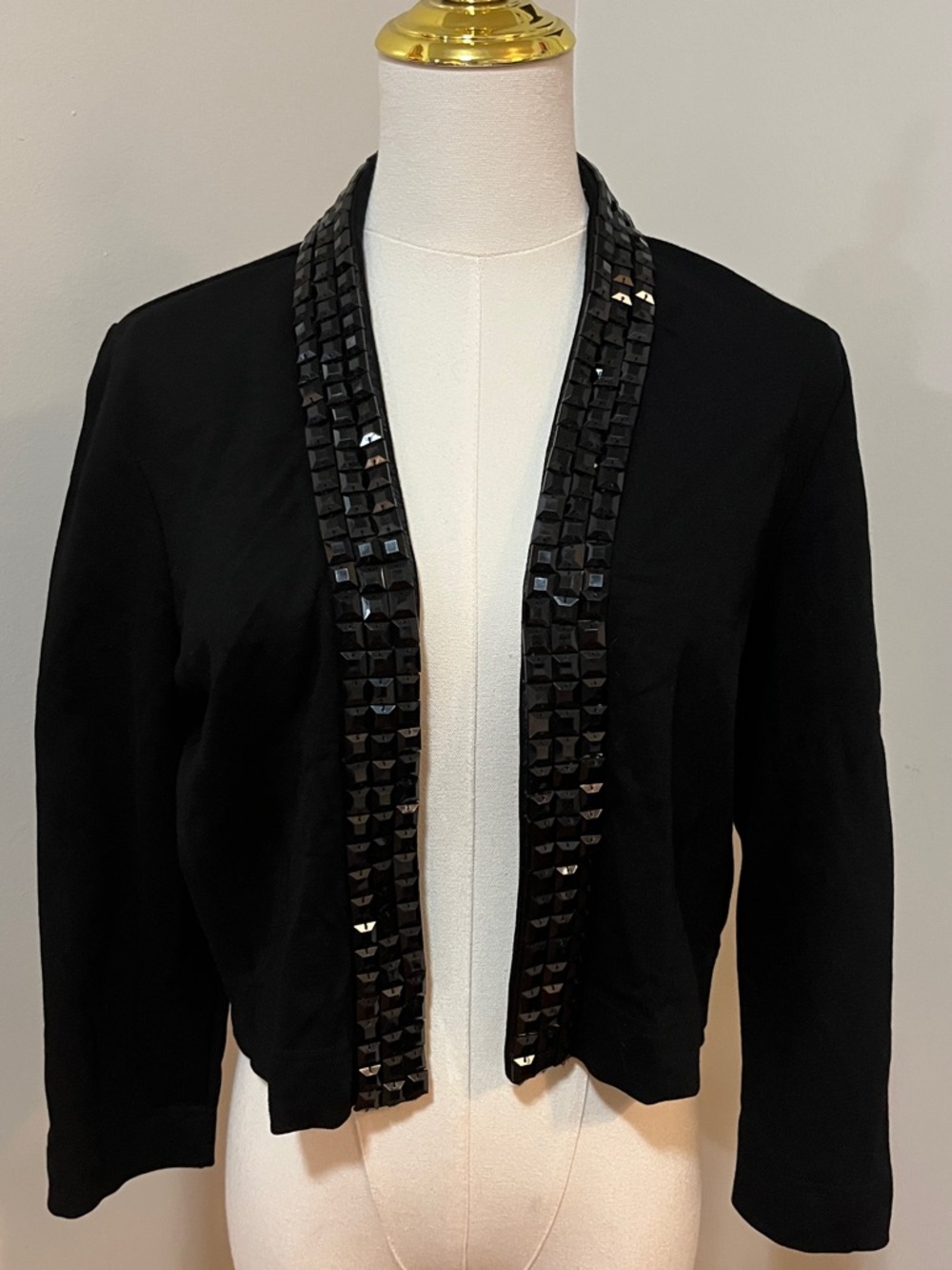 Dalia Collection Black Cropped Open-Front Blazer with Beaded Trim